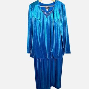 MORE JAZZ Womens Dress Drop Waist 18 Blue Velvety Maxi Long Sleeve Vintage Party